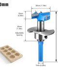 Front view of blue hinge hole opener drill guide with 30mm diameter, adjustable spacing, and wooden six-hole block (2 items)