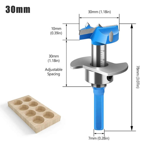 30mm hinge hole opener Forstner drill bit with blue handle and adjustable spacing, shown beside a wooden block