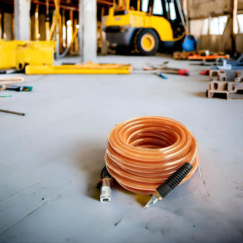Polyurethane Reinforced Air Hose Three Eighths Inch ID, 100 Foot, 300 PSI, Includes Industrial Quick Coupler And Plug, Bend Restrictor