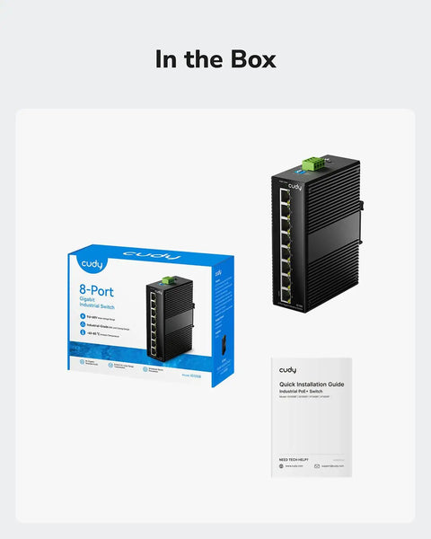 Package contents of 8 Port Gigabit Rock Solid Industrial Network Switch With DIN Rail Mount IP40 Rated including unit, box, manual.
