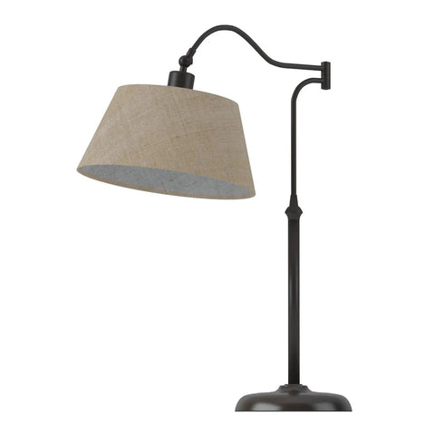 Antique Bronze Table Lamp With Burlap Shade, 180 Degree Adjustable Arm For Bedside Or Desk, Living Room Or Office, Modern Vintage Look, Sturdy Metal Base, Warm Ambient Lighting, 27 Inch Tall, shown in side view