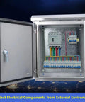 Stainless Steel Outdoor Electrical Box with Mounting Plate, Weatherproof Enclosure, 16 by 12 by 8 Inches, open with components inside