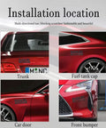 Installation examples of Fuck It Edition 3D Car Emblem Badge Exterior Sticker Decal on trunk, fuel tank cap, car door, and front bumper.
