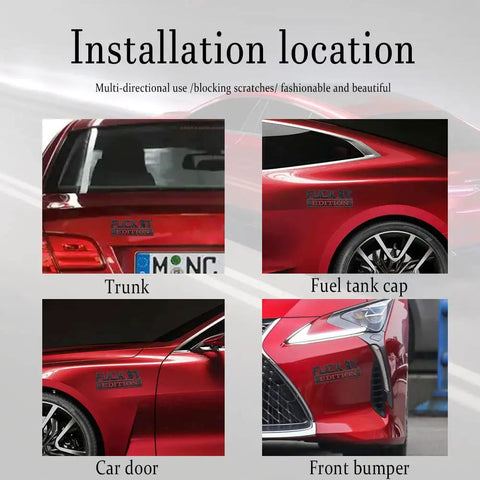 Installation examples of Fuck It Edition 3D Car Emblem Badge Exterior Sticker Decal on trunk, fuel tank cap, car door, and front bumper.