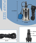 1HP 3000 GPH Stainless Steel Submersible Clean Water Transfer Pump Heavy Duty With Float Switch dimensions and cord details