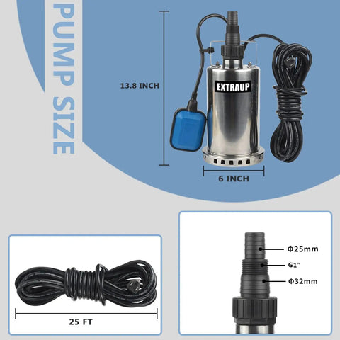 1HP 3000 GPH Stainless Steel Submersible Clean Water Transfer Pump Heavy Duty With Float Switch dimensions and cord details
