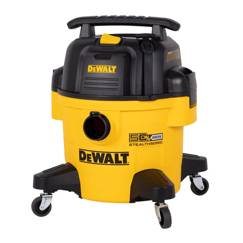 Hardworking StealthSonic Wet Dry Shop Vac Six Gallon Five HP Ultra Quiet Vacuum showing yellow design with wheels for easy mobility.