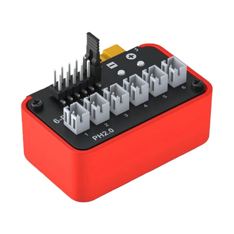 Six Port Battery Charging Hub with BT2.0 and PH2.0 connectors, compact red design for RC toys and hobby cells