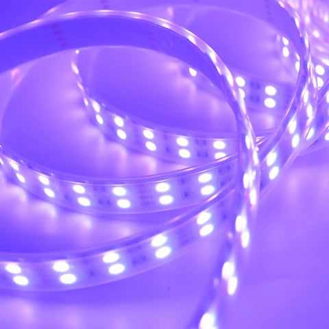 Five 5M RGB LED Strips Kit With IP67 Waterproof Silicone Sleeve, SMD5050 Double Row 120 LEDs Per Meter lit up in purple.