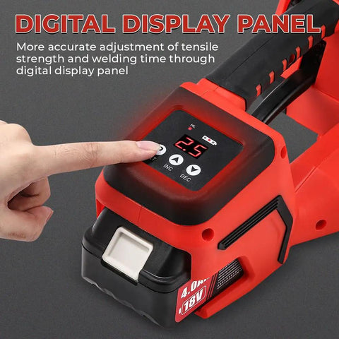 Dual Motor Electric Strapping Machine With 2x4000mAh Battery Built To Last Heavy Duty Tension Up To 3800N Fast Budget Friendly Easy Tightening For Pallets Strapping Made Simple. digital LCD panel with battery display