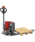 Tory Carrier Electric Pallet Truck 4400lb Capacity with 48 by 27 inch forks, red and grey design with pallet.