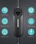 Tesla NACS Portable EV Charger With Dual Level Charging, 12/40A specs, NEMA 14-50 and 5-15 plugs, IP65 rated for home or travel