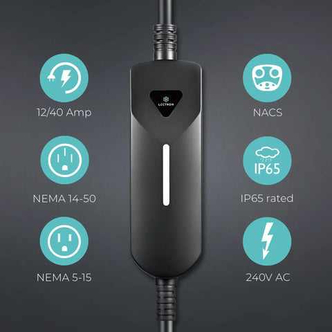 Tesla NACS Portable EV Charger With Dual Level Charging, 12/40A specs, NEMA 14-50 and 5-15 plugs, IP65 rated for home or travel