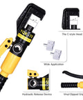 10 Ton Hydraulic Crimp Tool For Battery Cables, Lug Terminal Crimper With 9 Die Sets shown with vinyl-dipped grip and C-style head.