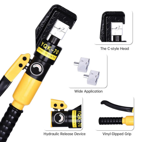 10 Ton Hydraulic Crimp Tool For Battery Cables, Lug Terminal Crimper With 9 Die Sets shown with vinyl-dipped grip and C-style head.