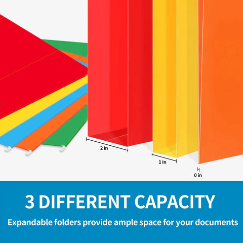 Bigtime Value 12 Pack Hanging File Folders Letter Size featuring adjustable tabs in red, yellow, and blue colors for organized sorting.