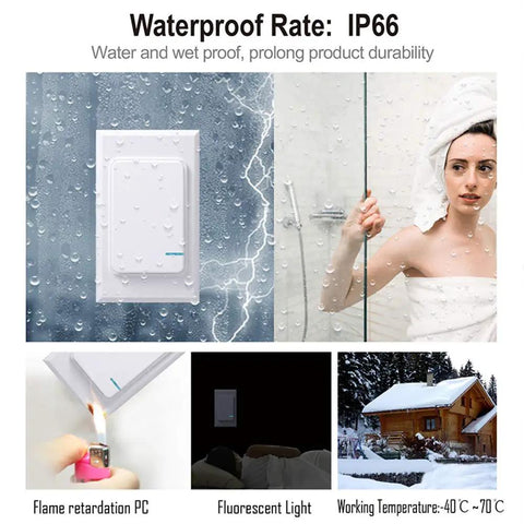 Wireless Light Switch And Receiver Kit With Remote Control, waterproof IP66, indoor and outdoor use, shower scene, flame test