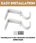 Heavy Duty Adjustable Curtain Rod Brackets 2 Pack White Iron Wall Bracket Projects Four To Ten Inches with included screws.