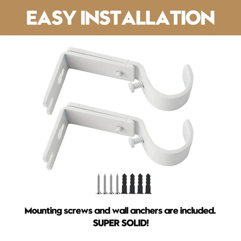 Heavy Duty Adjustable Curtain Rod Brackets 2 Pack White Iron Wall Bracket Projects Four To Ten Inches with included screws.