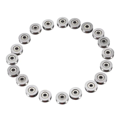 20 Pack V Groove Ball Bearings V623ZZ 3x12x4mm Double Shielded Pro Grade Mini Rail Guides arranged in a circle on a white background