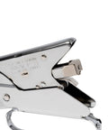 Close-up of a chrome steel Heavy Duty Handheld Plier Stapler Makes Stapling Paper Bags Thin Plastics Cardboard A Breeze With Its Tough Build.