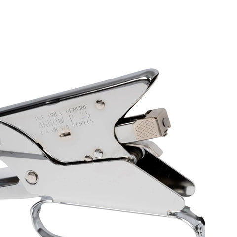 Close-up of a chrome steel Heavy Duty Handheld Plier Stapler Makes Stapling Paper Bags Thin Plastics Cardboard A Breeze With Its Tough Build.