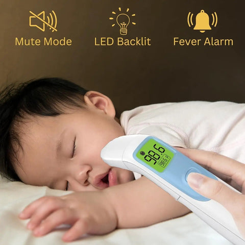 All Ages Ear And Forehead Digital Thermometer With Dual In Ear And Touchless Forehead Modes, Instant Read For Babies Kids And Adults, Kid Friendly One Button Use For Sleepy Nights And Busy Parents, Accurate Quick Temp. baby sleeping while touchless thermometer reads forehead