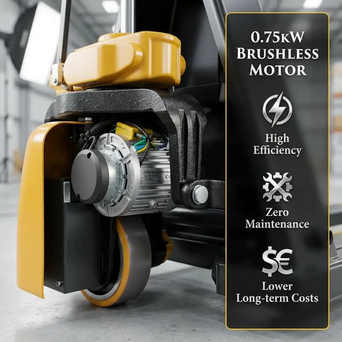 Close-up of the 0.75kW brushless motor of the Heavy Duty Amarite Electric Pallet Jack With 4400 Lbs Capacity.