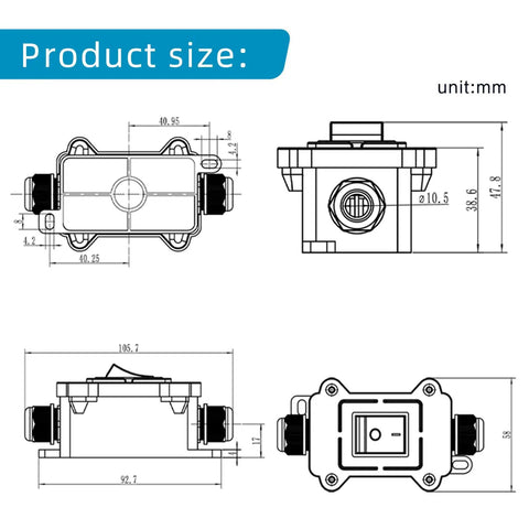 IP65 Waterproof Inline Power Switch 125 To 250V 30A 4 Pin 2 Position On Off Outdoor Toggle Rocker Button For DIY Rigs With UL TUV CE Certificates Dual Entry Exit Line size drawing