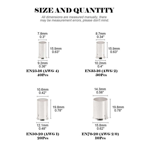100 Pcs Wire Ferrule Terminal Kit, Copper Crimp Connectors, Silver Plated, Non Insulated, Assorted AWG 4 2 1 2/0 size chart