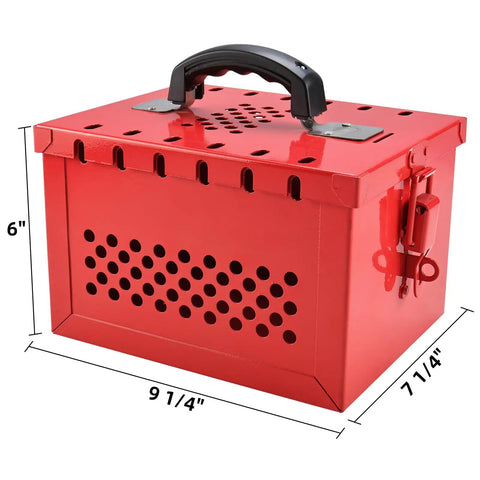 Heavy Duty Lockout Tagout Box for Group Lockout, 12 Padlock Capacity, Industrial Grade Steel, Red Portable LOTO Lock Box with Front Door Security and Side Slots for Maintenance Crews.