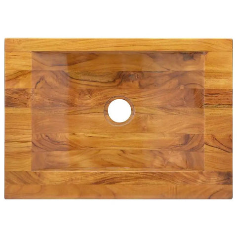 Zexlorith Teak Wood Basin, Vessel Sink for Bathroom, 19.7x13.8x3.9 inch, top view showcasing wood grain and center drain hole.