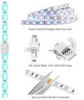 Unwired 4 Pin RGB LED Strip Connectors Kit with gapless connectors for 5050 LED strips, shown with cutting guide and size details.