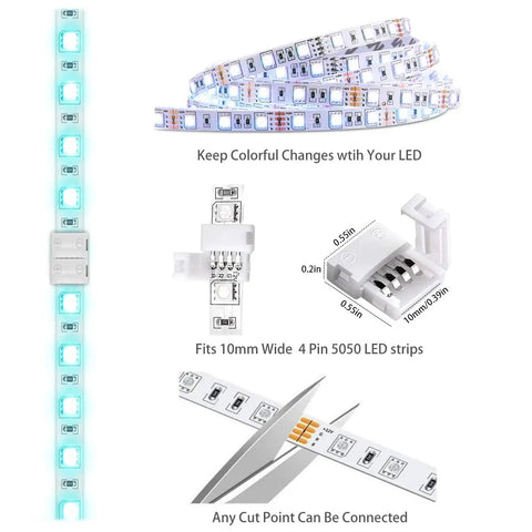 Unwired 4 Pin RGB LED Strip Connectors Kit with gapless connectors for 5050 LED strips, shown with cutting guide and size details.