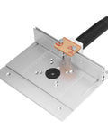 Badass Aluminum Router Lift System Kit With Smooth 180 Degree Rotation For Woodworking Enthusiasts And Inverted Routing Projects Featuring Durable Cnc Anodized Insert Plate For Hassle Free Milling And Carving Builds, top view of aluminum lift plate with adjustable handle.