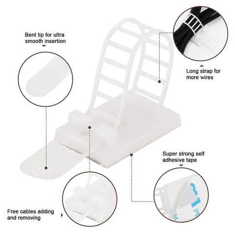 Adhesive Cable Clips With Zip Ties Kit showing white nylon clip with adhesive backing and wire strap details.
