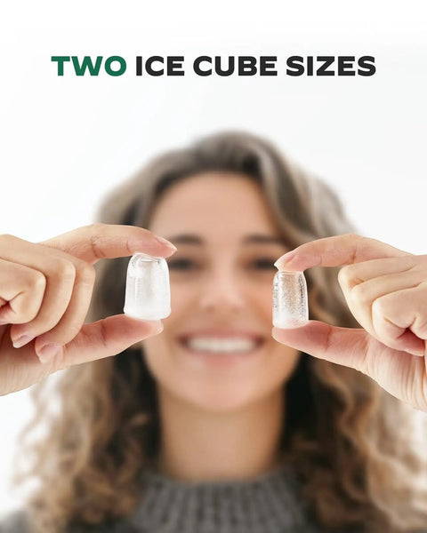 Person holding two ice cube sizes from Countertop Ice Maker With Spring Loaded Expanding Ice Basket Holds 2.5L Of Ice And Up To 9 Cups