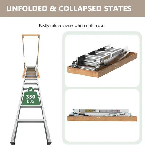 Heavy Duty 10 Ft Aluminum Attic Ladder Pull Down System For 54 By 25 Inch Opening Drop Down Hidden Attic Stairs With 350 Pound Load Fits 7 Foot 8 Inch To 10 Foot 3 Inch Ceilings Durable Pine Side Panels, unfolded and collapsed views