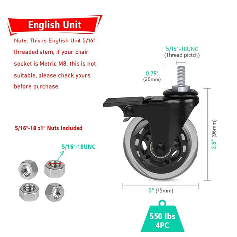 Heavy Duty Locking Swivel Caster Wheel Set Featuring 3 Inch Durable Nylon Treads And Standard 3/8 Inch Threaded Stem Brakes For Ridiculously Smooth Rolling Action, showcasing a 3 inch wheel with 5/16" threaded stem.