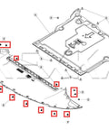 Diagram showing installation of 10 Pack 8mm Hole Push Type Retainer Clips for Tesla Model 3 and Model Y Front Lower Splash Shield Underbody Guard Attachments 18mm Head Diameter 16mm Stem Length Fits 8mm Holes Easy Install.