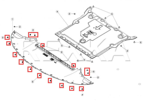 Diagram showing installation of 10 Pack 8mm Hole Push Type Retainer Clips for Tesla Model 3 and Model Y Front Lower Splash Shield Underbody Guard Attachments 18mm Head Diameter 16mm Stem Length Fits 8mm Holes Easy Install.