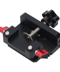 Front view of Must Have Self Centering Doweling Jig Kit With Aluminum Alloy Machined Construction For DIY Woodworking Projects 3 In 1 Drill Bit Locator Includes 6mm 8mm And 10mm Bits Rust Resistant Anodized Finish For Flat Pack Furniture Assembly showing aluminum and steel parts.