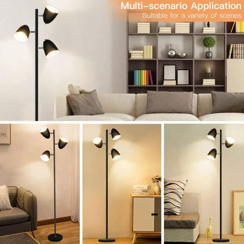 Tree Floor Lamp With 3 Lights, Industrial Modern Reading Floor Lamp with Adjustable Metal Heads in living room setup