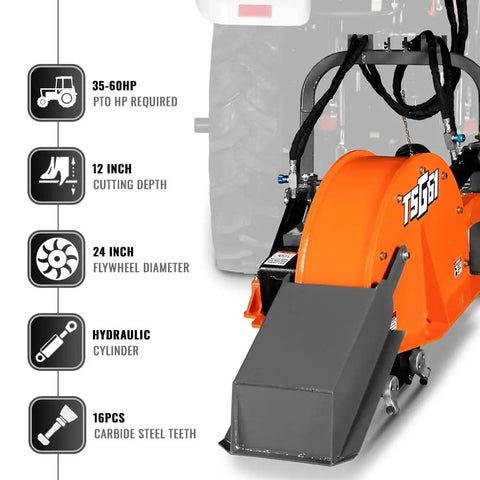 PTO Powered 3 Point Hydraulic Stump Grinder For 35 To 60 HP Tractors With 24 Inch Cutting Wheel And 16 Carbide Teeth Model TSG61