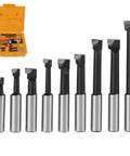 Two Boring Head Set With 50mm Boring Head Model F1 12 And Nine 12mm Boring Bars next to orange case for CNC Milling