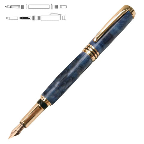 Top Shelf Gold Fountain Pen Turning Kit Featuring Dual Barrel Design And Solid Threads With Black Ink Cartridge, showcasing blue resin body.