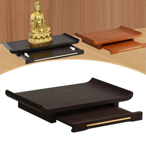 Zen Vibes Buddha Wall Shelf Pooja Mandir Shrine Altar Table With Stainless Steel Bracket And Carving Motifs For Meditation Office And Home Use Dark 38cmx25cm, showing multiple angles and finishes