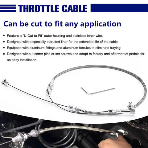Beefy Universal Stainless Steel Braided Throttle Cable Kit with adjustable automotive accelerator cable and locking covering.