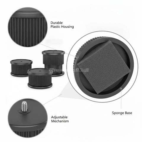 Four Pack Adjustable Furniture Leg Levelers With Sponge Base Stabilizing Feet For Tables Chairs And Cabinets On Uneven Floors End Wobble Easy Install With Adhesive Nails showing durable plastic housing and sponge base