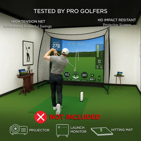 Indoor Golf Cage With Impact Screen And Side Enclosure, Top Net, Full Swing Practice Cage For Home Use, Durable Steel Frame, Heavy Duty Polyester Netting, Ideal For High Swing Speeds, Ten By Eight Feet, Projector And Launch Monitor Not Included with a golfer swinging facing the screen in a room setup.